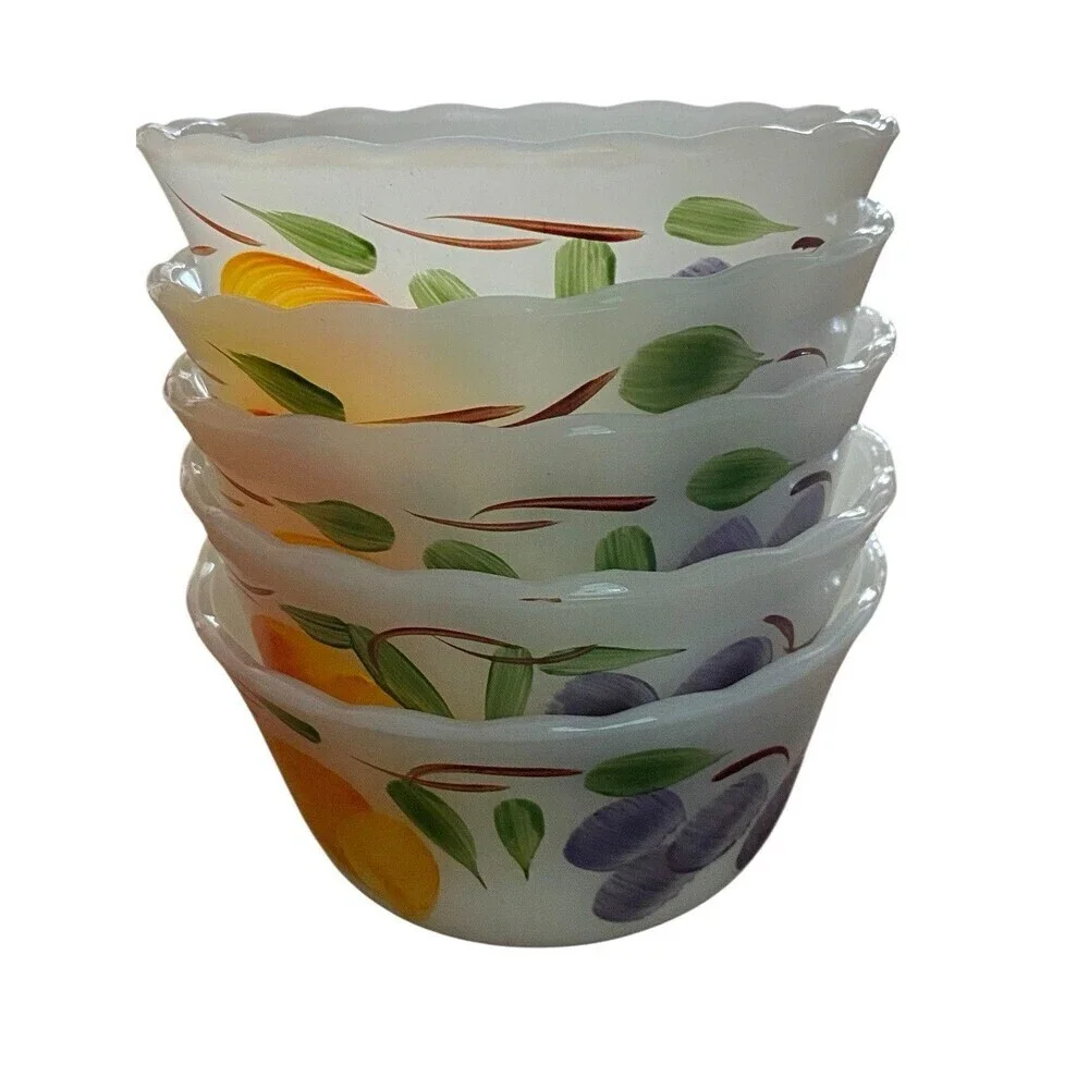 5 Fire King Gay Fad Custard Cups 6 oz Fruits Anchor Hocking Hand Painted MCM